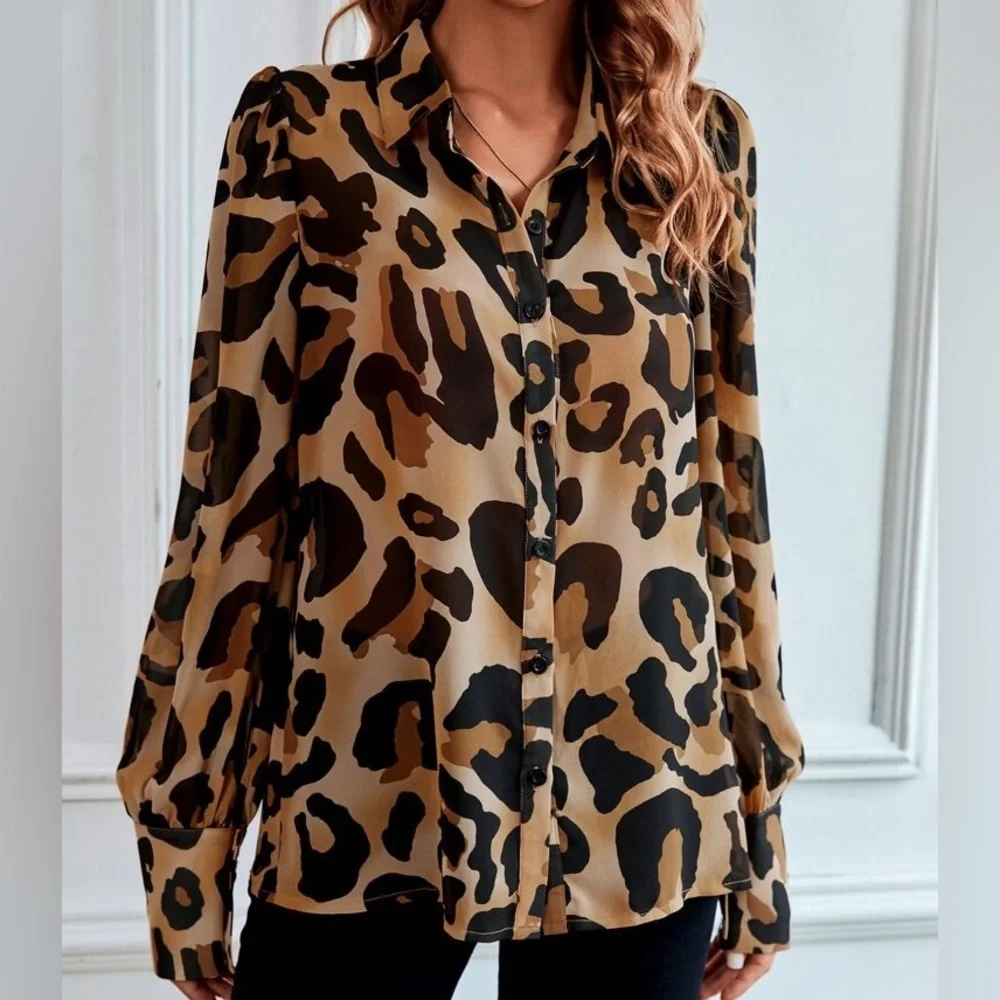 Leopard Print Sheer Button Down Shirt Top Blouse - Picture 6 of 6
